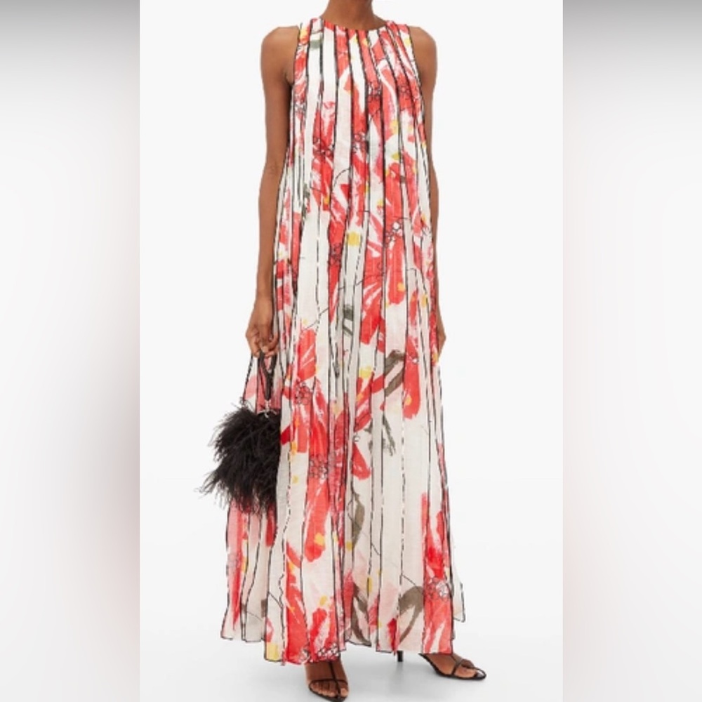 *Sold Privately* AJE Banksia Floral-Print Pleated Linen-Blend Maxi Dress, sz UK8